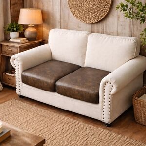 Faux Leather Cushion Covers Set of 2 Brown Stretch Sofa Seat Covers Rustic Farmh